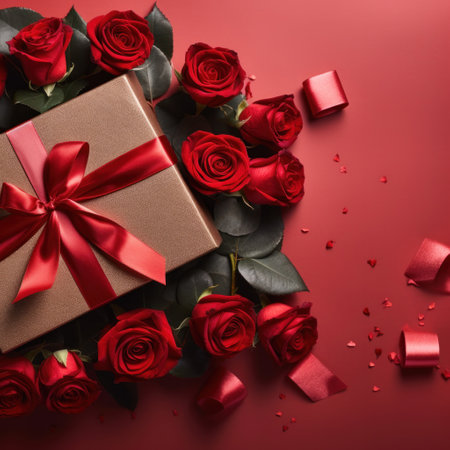 Beautiful gift box and roses on red background, flat lay with space for text. Valentine's day. Top viewの素材