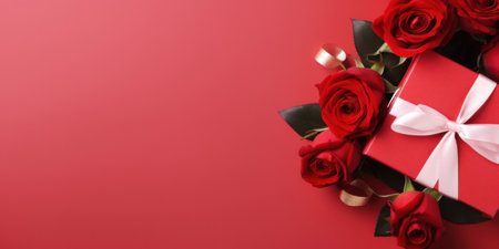 Beautiful gift box and roses on red background, flat lay with space for text. Valentine's day. Top viewの素材