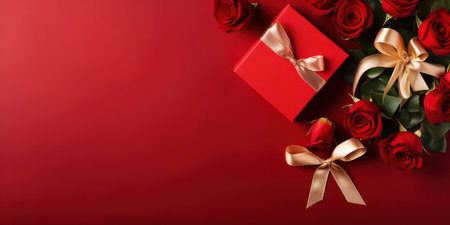 Beautiful gift box and roses on red background, flat lay with space for text. Valentine's day. Top viewの素材