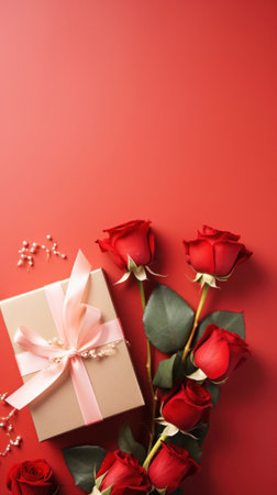 Beautiful gift box and roses on red background, flat lay with space for text. Valentine's day. Top viewの素材
