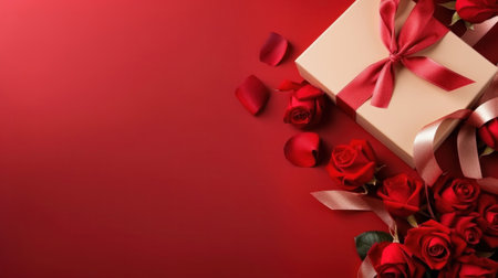 Beautiful gift box and roses on red background, flat lay with space for text. Valentine's day. Top viewの素材