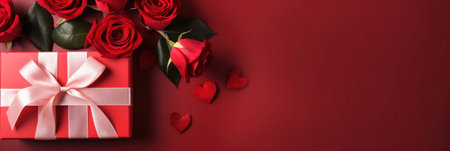 Beautiful gift box and roses on red background, flat lay with space for text. Valentine's day. Top viewの素材