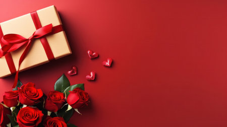 Beautiful gift box and roses on red background, flat lay with space for text. Valentine's day. Top viewの素材
