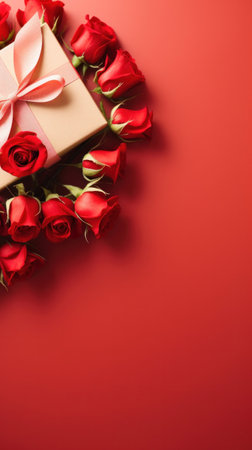 Beautiful gift box and roses on red background, flat lay with space for text. Valentine's day. Top viewの素材