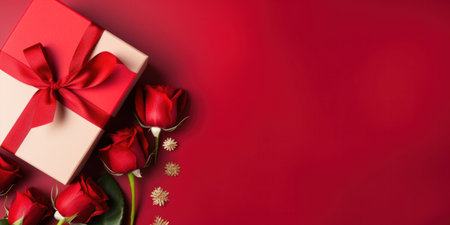 Beautiful gift box and roses on red background, flat lay with space for text. Valentine's day. Top viewの素材