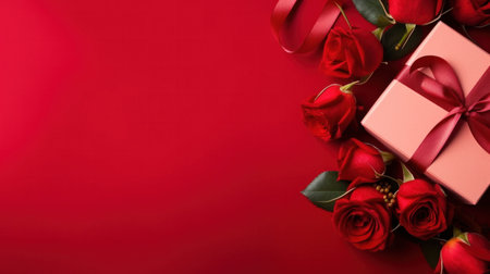 Beautiful gift box and roses on red background, flat lay with space for text. Valentine's day. Top viewの素材