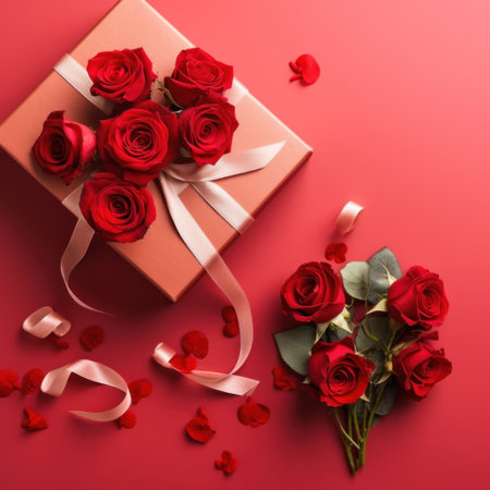 Beautiful gift box and roses on red background, flat lay with space for text. Valentine's day. Top viewの素材