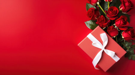 Beautiful gift box and roses on red background, flat lay with space for text. Valentine's day. Top viewの素材