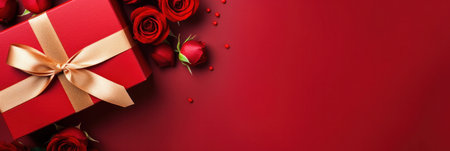 Beautiful gift box and roses on red background, flat lay with space for text. Valentine's day. Top viewの素材