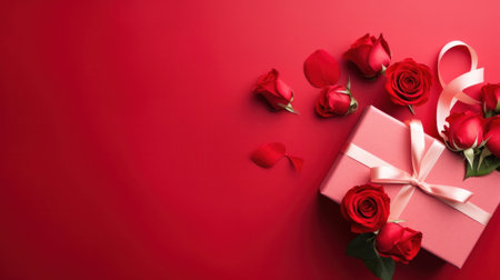 Beautiful gift box and roses on red background, flat lay with space for text. Valentine's day. Top viewの素材