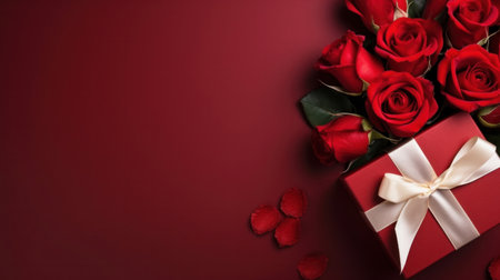 Beautiful gift box and roses on red background, flat lay with space for text. Valentine's day. Top viewの素材