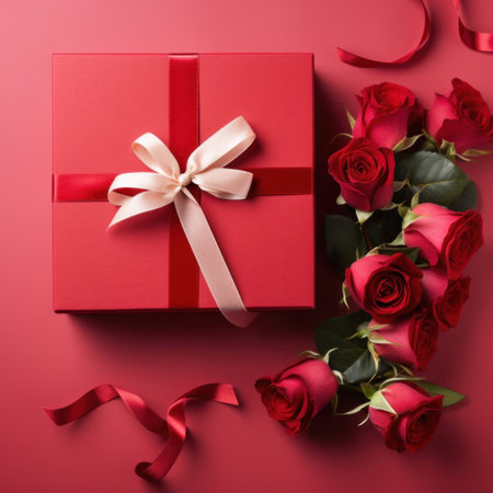 Beautiful gift box and roses on red background, flat lay with space for text. Valentine's day. Top viewの素材