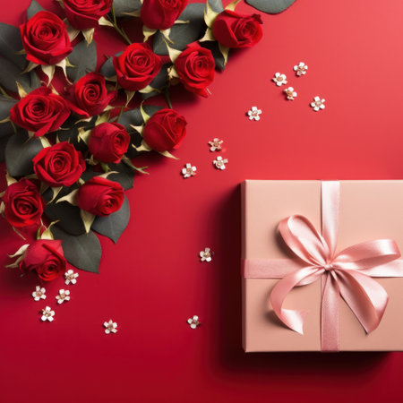 Beautiful gift box and roses on red background, flat lay with space for text. Valentine's day. Top viewの素材