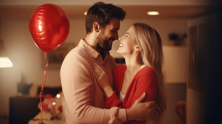 Couple celebrating, Loving woman makes surprise for her boyfriend on saint Valentine's Day.の素材