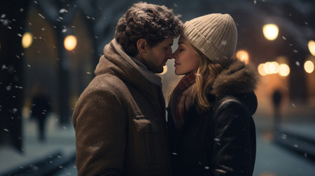 Couple in winter blowing a kiss.の素材