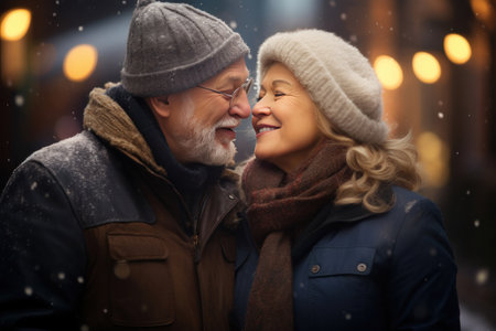 Couple in winter blowing a kiss.の素材