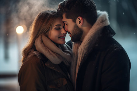 Couple in winter blowing a kiss.の素材
