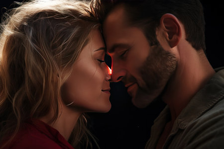 Couple, man and woman are touching each other with their noses.の素材