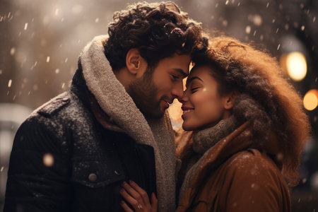 Couple in winter blowing a kiss.の素材