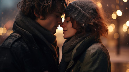 Couple in winter blowing a kiss.の素材