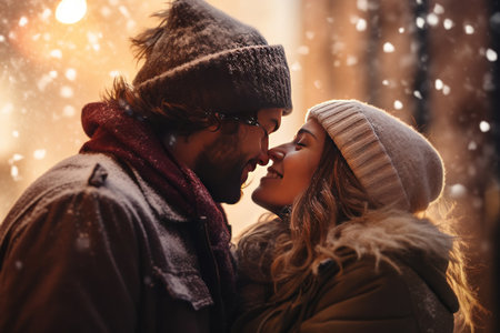 Couple in winter blowing a kiss.の素材