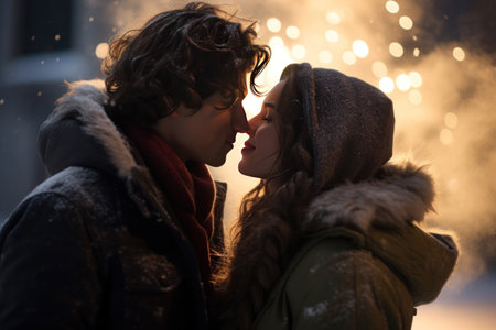 Couple in winter blowing a kiss.の素材