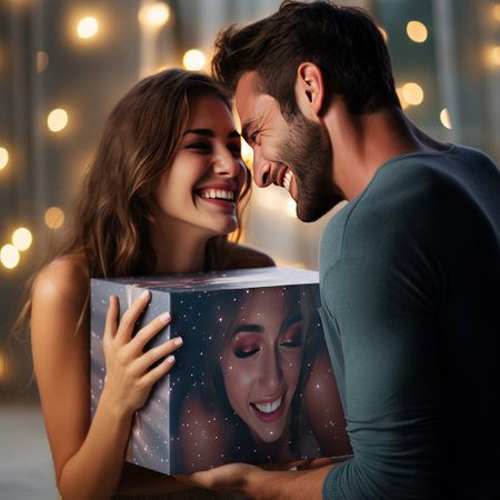 Happy girlfriend covers man's eyes and gives him greeting card and gift box.の素材
