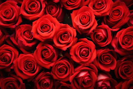 Red roses flowers pattern wallpaper. Valentine's Day concept. top viewの素材