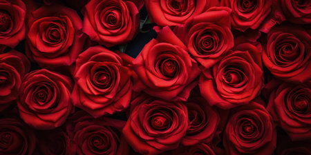 Red roses flowers pattern wallpaper. Valentine's Day concept. top viewの素材