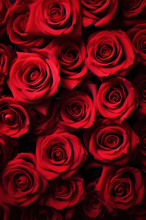 Red roses flowers pattern wallpaper. Valentine's Day concept. top viewの素材