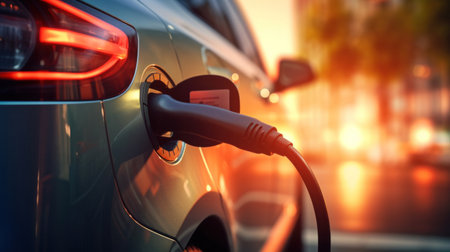A contemporary automobile charging and getting electricity.の素材