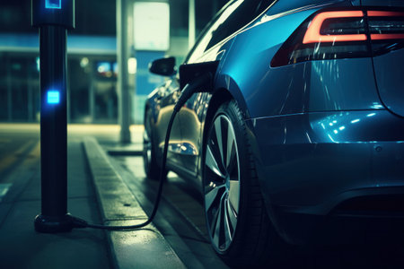 A contemporary automobile charging and getting electricity.の素材