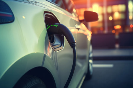 A contemporary automobile charging and getting electricity.の素材