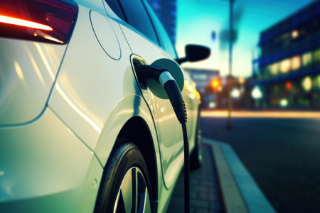 A contemporary automobile charging and getting electricity.の素材