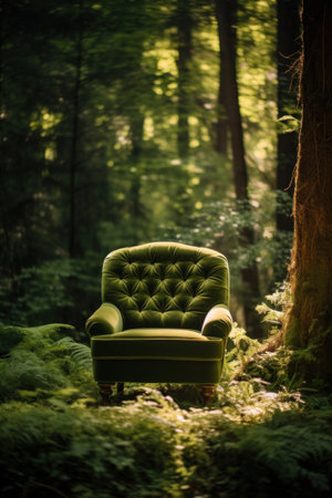 A green armchair in the middle of the forest.の素材