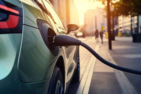 A contemporary automobile charging and getting electricity.の素材