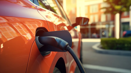A contemporary automobile charging and getting electricity.の素材