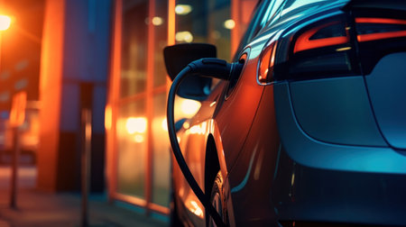 A contemporary automobile charging and getting electricity.の素材