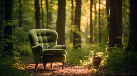 A green armchair in the middle of the forest.の素材