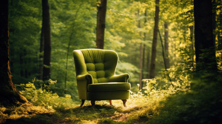 A green armchair in the middle of the forest.の素材