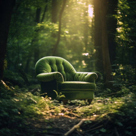 A green armchair in the middle of the forest.の素材
