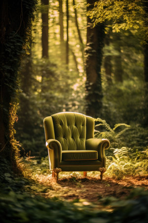 A green armchair in the middle of the forest.の素材