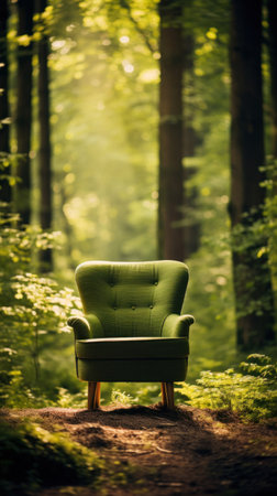 A green armchair in the middle of the forest.の素材