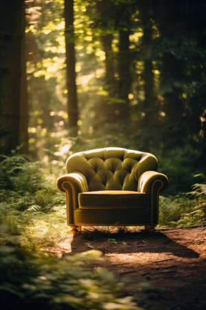 A green armchair in the middle of the forest.の素材