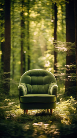 A green armchair in the middle of the forest.の素材