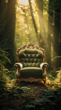 A green armchair in the middle of the forest.の素材