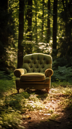 A green armchair in the middle of the forest.の素材