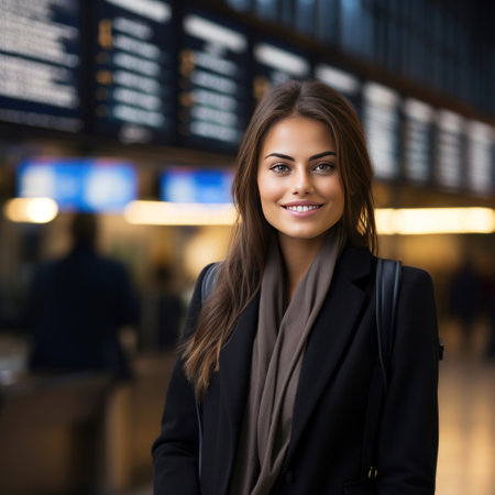 A happy businesswoman in front of information board at train station looking at camera.の素材