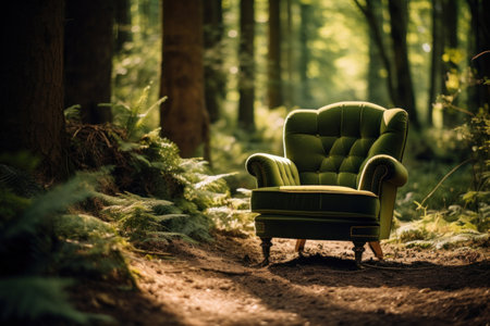 A green armchair in the middle of the forest.の素材