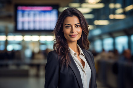A happy businesswoman in front of information board at train station looking at camera.の素材